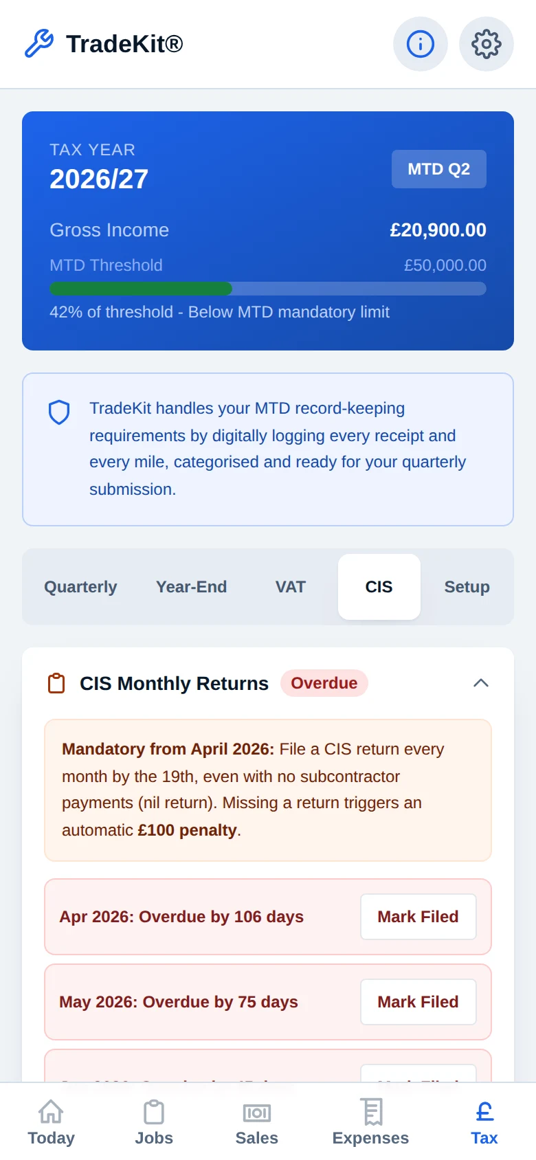 The CIS tab on a phone: the monthly returns list with Mark Filed buttons.