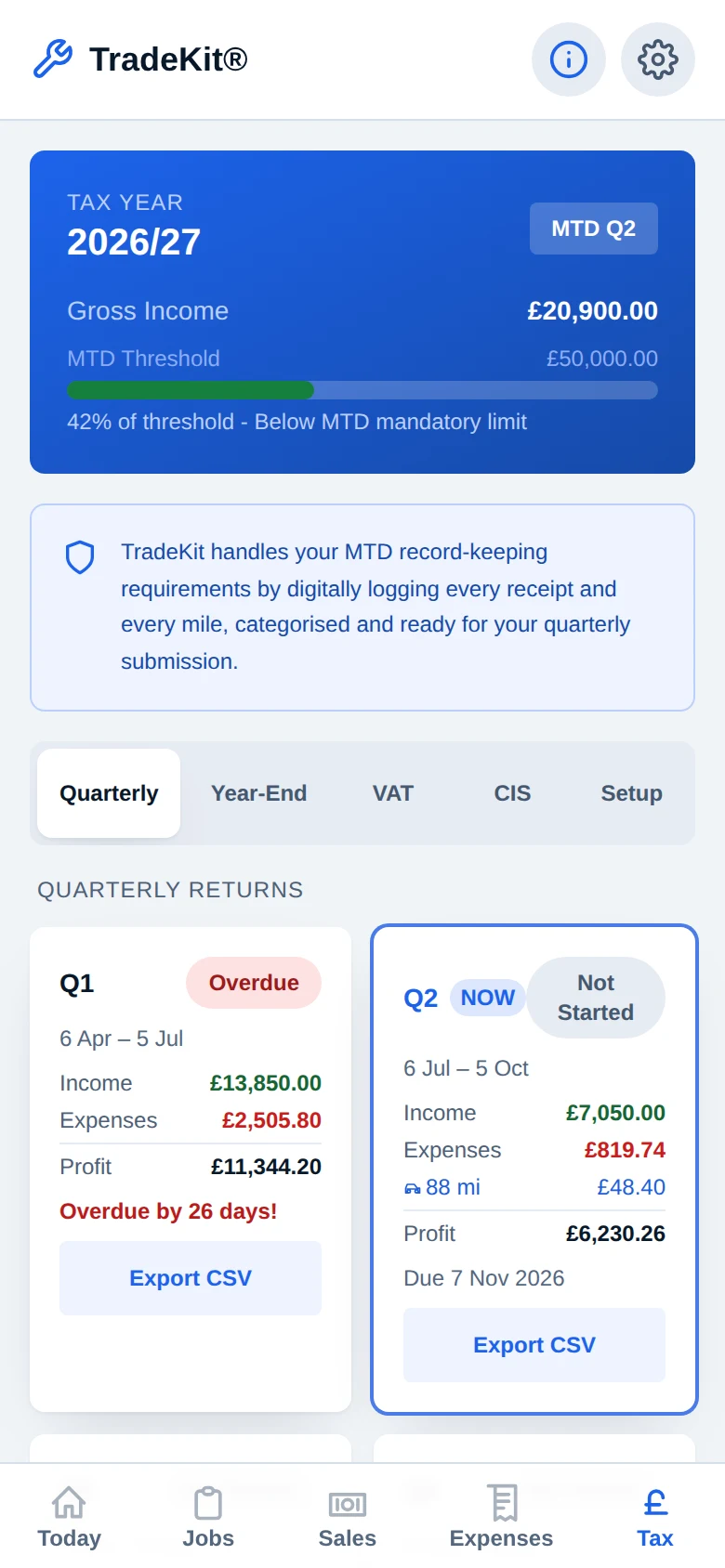The Tax screen on a phone: gross income against the MTD threshold and the quarterly return cards.