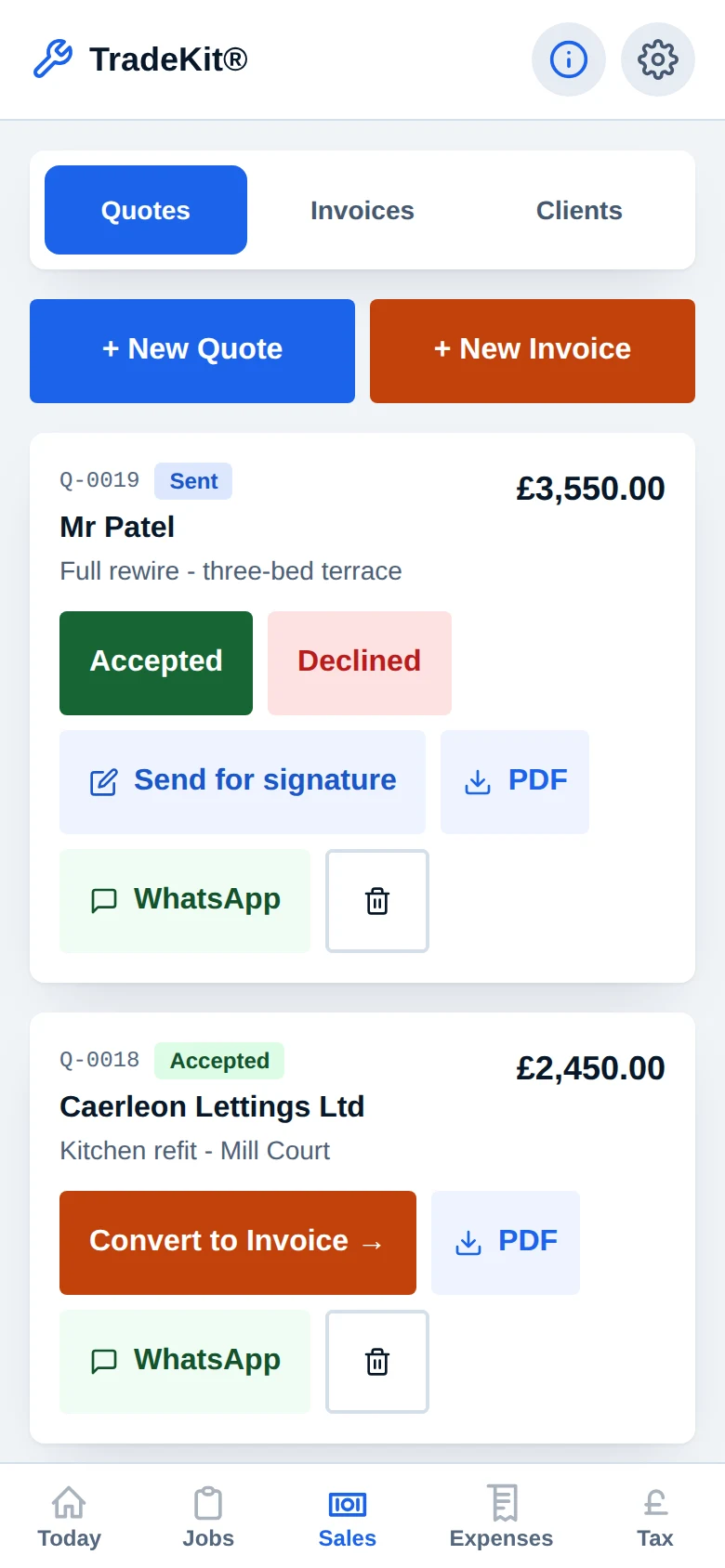 The Sales screen on a phone: two quotes with Accept, Send for signature, PDF and WhatsApp buttons.